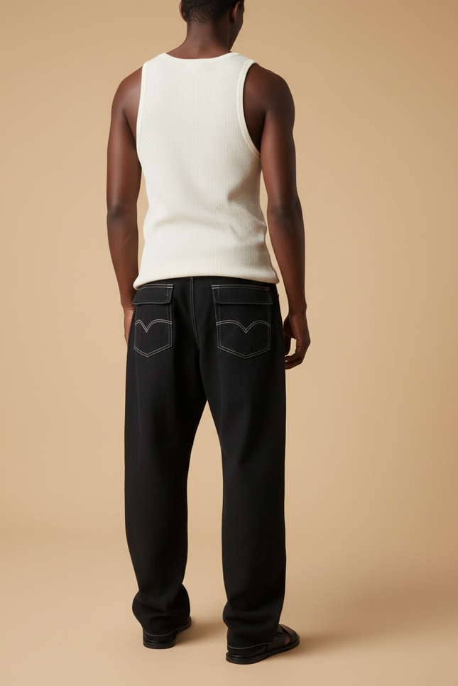 Pantalon Baggy Noir Ample Brodé Décontracté Homme - Jean - vue 2
