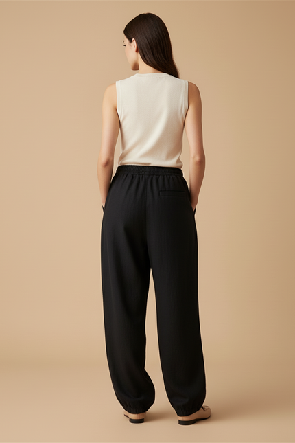 Pantalon Baggy Noir Ample Cordon Brodé Décontracté - Lin - vue 2