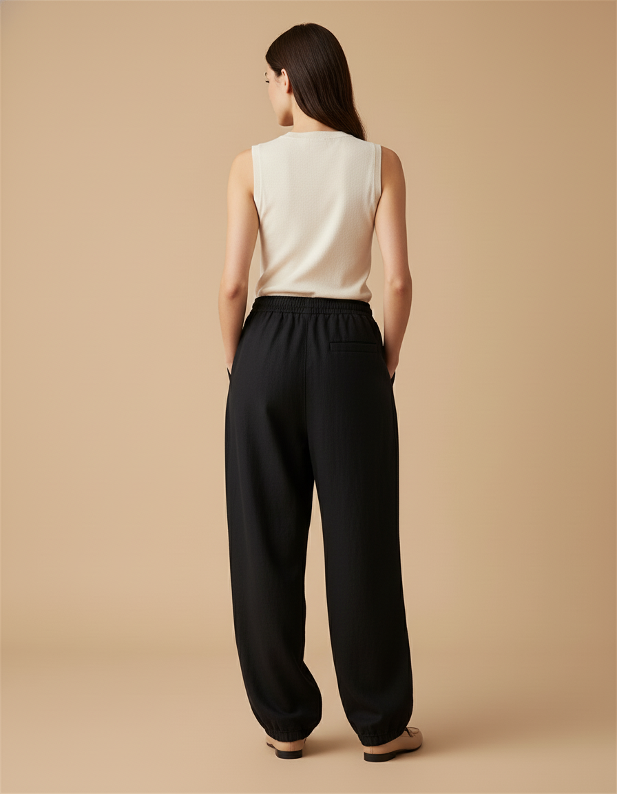 Pantalon Baggy Noir Ample Cordon Brodé Décontracté - Lin - vue 2