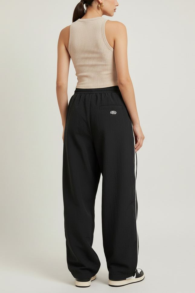 Pantalon Baggy Noir Ample Rayures Blanches Sport - Polyester - vue 2