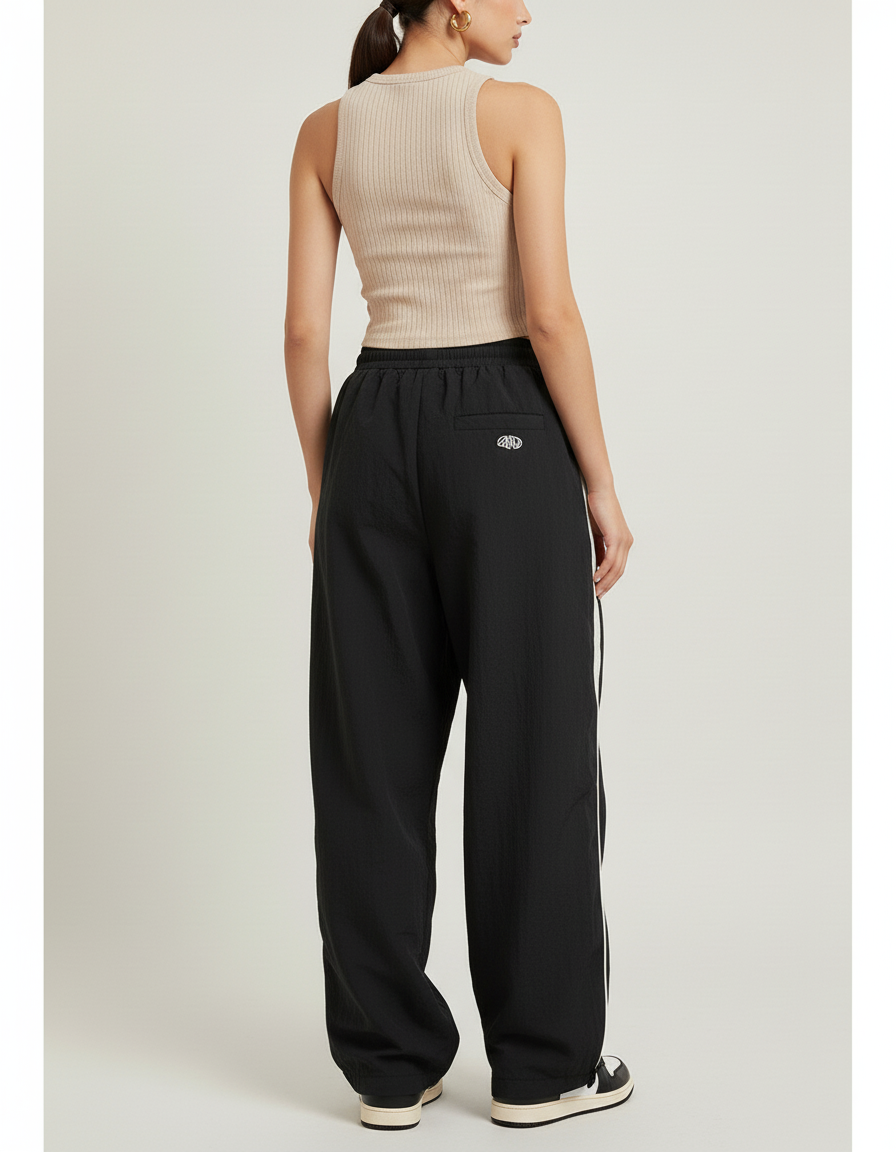 Pantalon Baggy Noir Ample Rayures Blanches Sport - Polyester - vue 2
