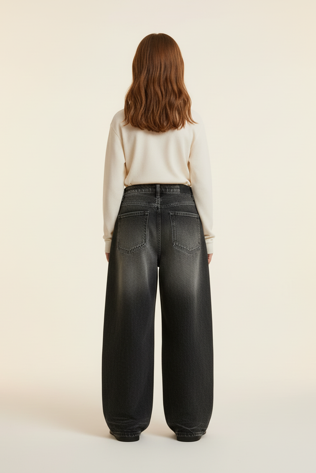 Pantalon Baggy Noir Délavé Imprimé Rose Tribal - Jean - vue 2
