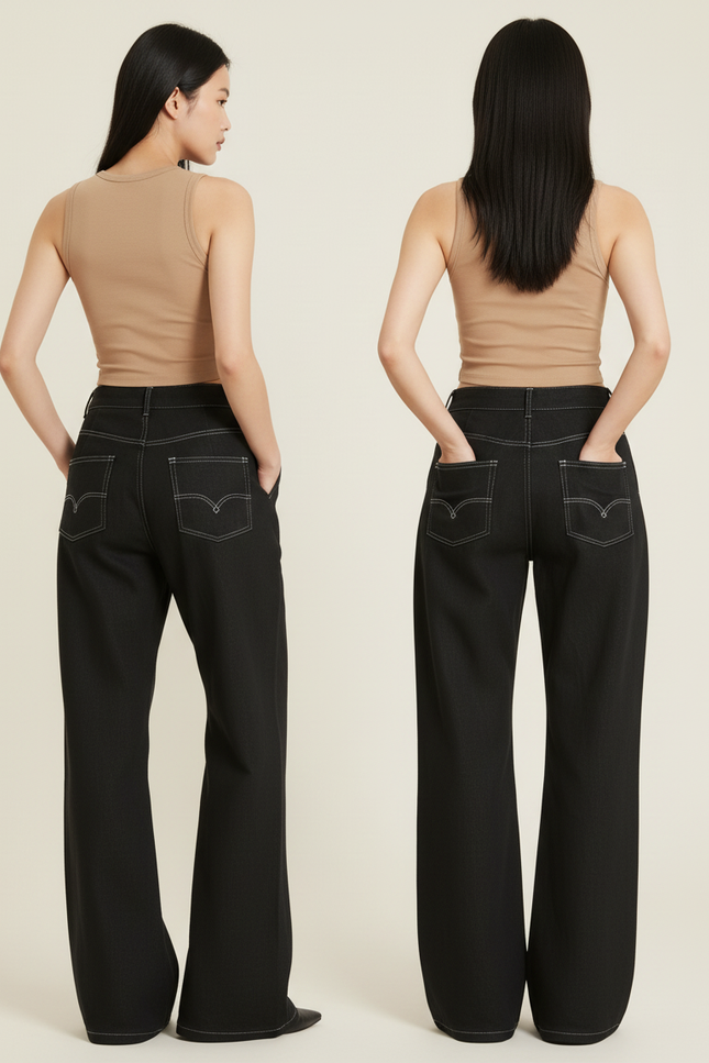 Pantalon Baggy Noir Ample Taille Haute Femme Élégant - Jean - vue 2