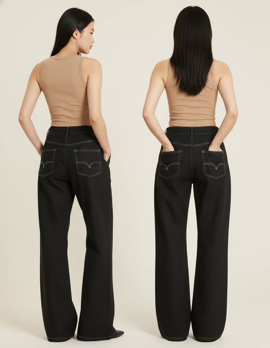 Pantalon Baggy Noir Ample Taille Haute Femme Élégant - Jean - vue 2