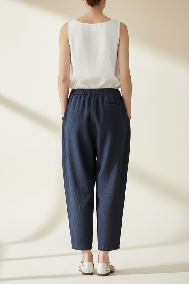 Pantalon Baggy Bleu Marine Lin Ample Décontracté Cordon - vue 2