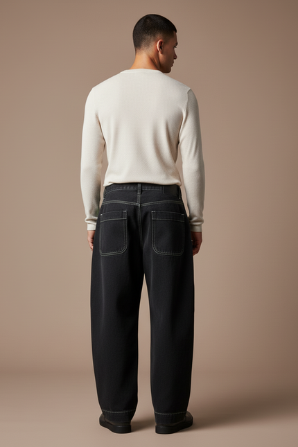 Pantalon Baggy Noir Ample Brodé Néon Streetwear Homme - Jean - vue 2