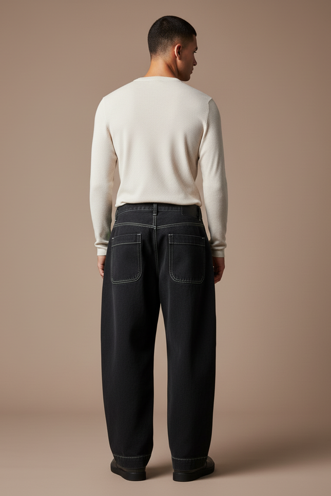 Pantalon Baggy Noir Ample Brodé Néon Streetwear Homme - Jean - vue 2