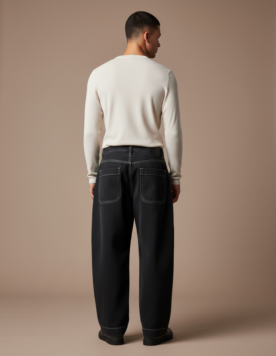 Pantalon Baggy Noir Ample Brodé Néon Streetwear Homme - Jean - vue 2