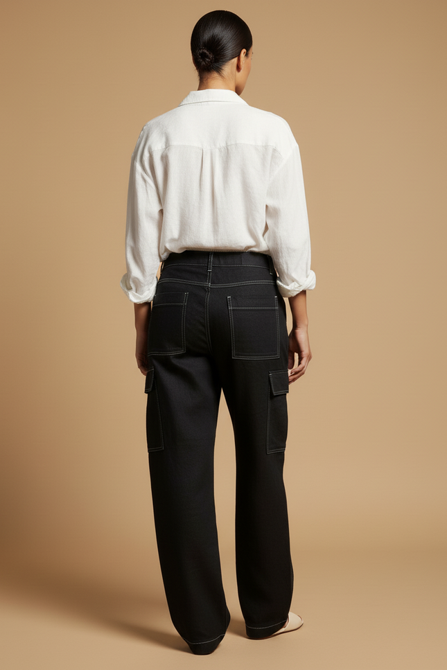 Pantalon Baggy Noir Cargo Décontracté Surpiqûres Blanches - Jean - vue 2