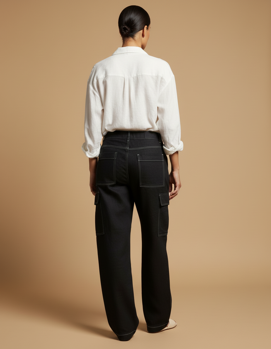 Pantalon Baggy Noir Cargo Décontracté Surpiqûres Blanches - Jean - vue 2