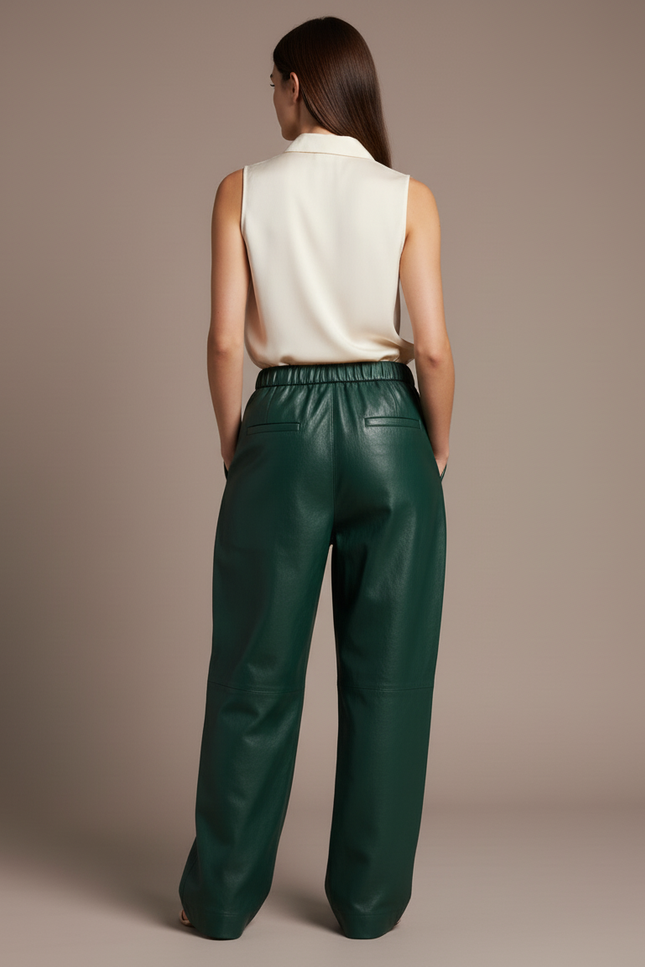 Pantalon Baggy Vert Cuir Ample Taille Haute Femme - vue 2
