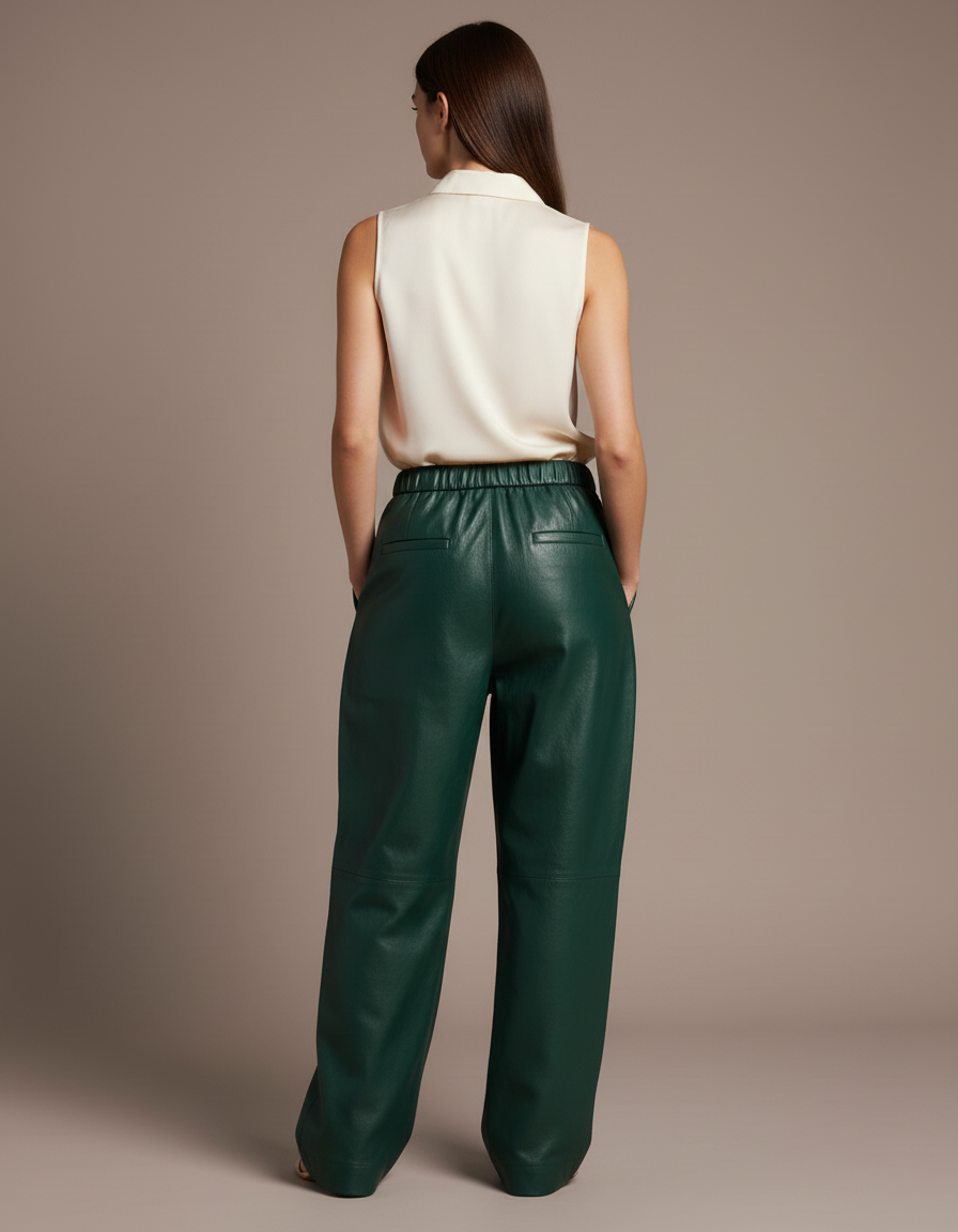 Pantalon Baggy Vert Cuir Ample Taille Haute Femme - vue 2