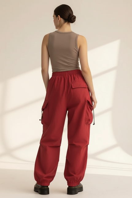 Pantalon Baggy Rouge Cargo Fluide Ample Femme - Polyester - vue 2