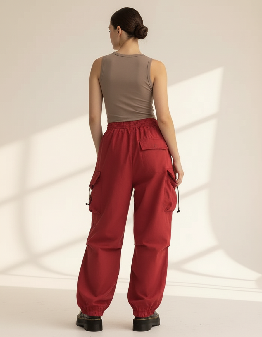 Pantalon Baggy Rouge Cargo Fluide Ample Femme - Polyester - vue 2