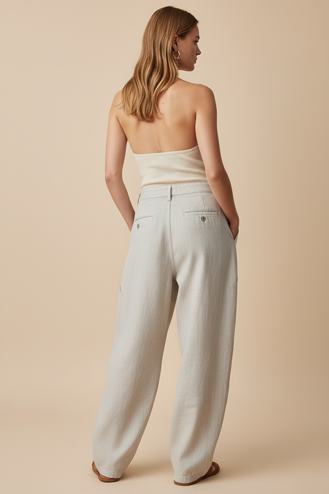 Pantalon Baggy Beige Ample Taille Haute Décontracté Femme - Lin - vue 2
