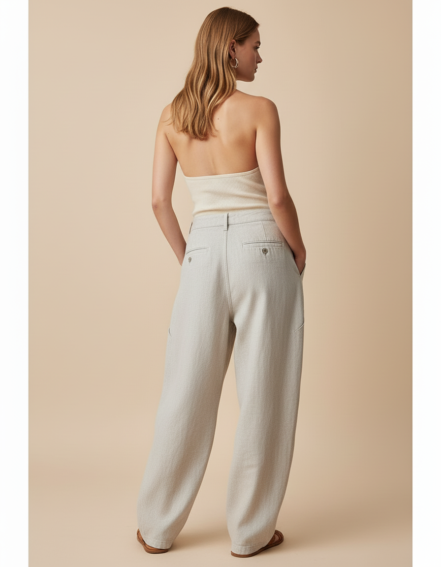 Pantalon Baggy Beige Ample Taille Haute Décontracté Femme - Lin - vue 2
