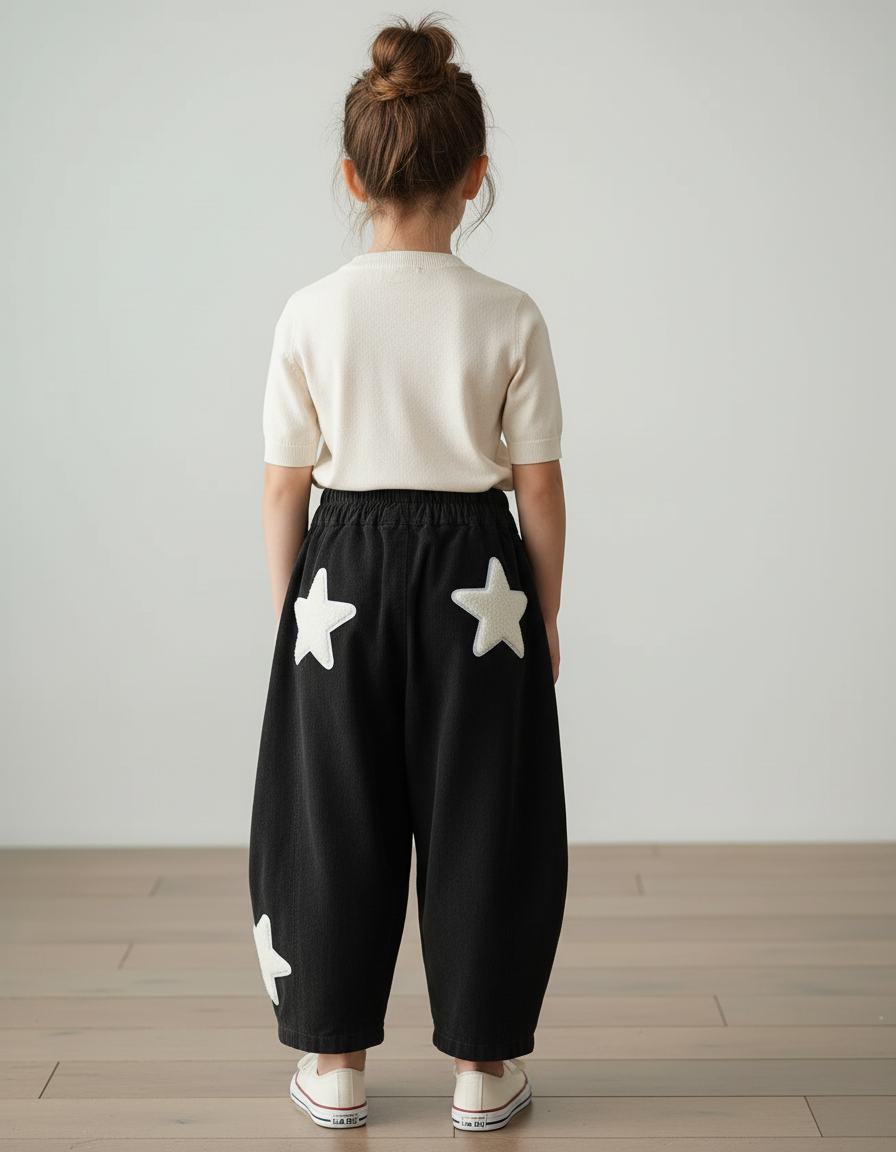 Pantalon Baggy Noir Côtelé Étoiles Ample Enfant - Cordé - vue 2