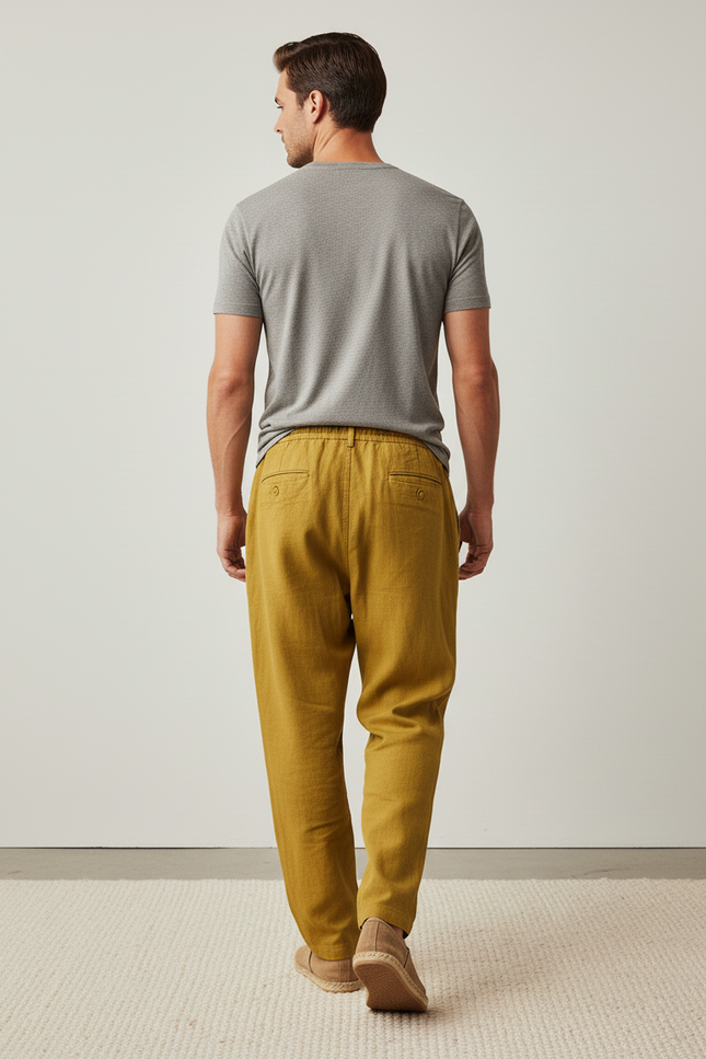 Pantalon Baggy Jaune Moutarde Lin Ample Décontracté Homme - vue 2