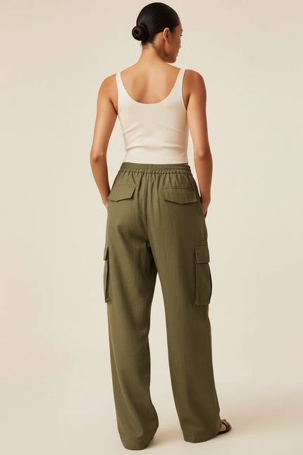 Pantalon Baggy Vert Kaki Ample Cargo Taille Élastique - Toile - vue 2
