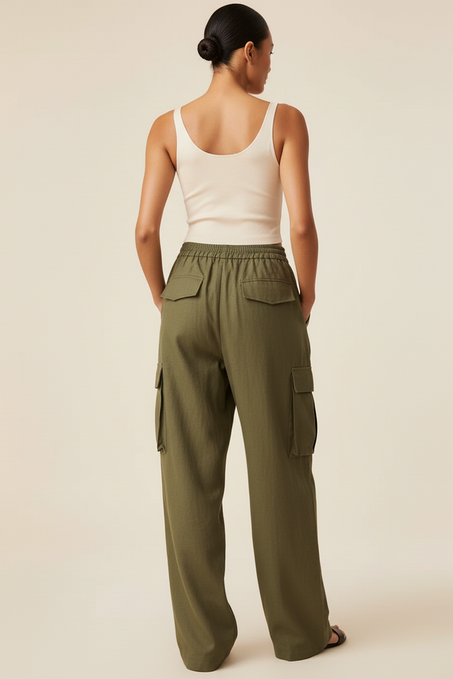 Pantalon Baggy Vert Kaki Ample Cargo Taille Élastique - Toile - vue 2