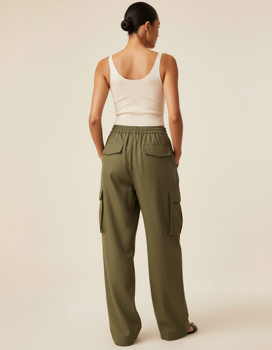 Pantalon Baggy Vert Kaki Ample Cargo Taille Élastique - Toile - vue 2