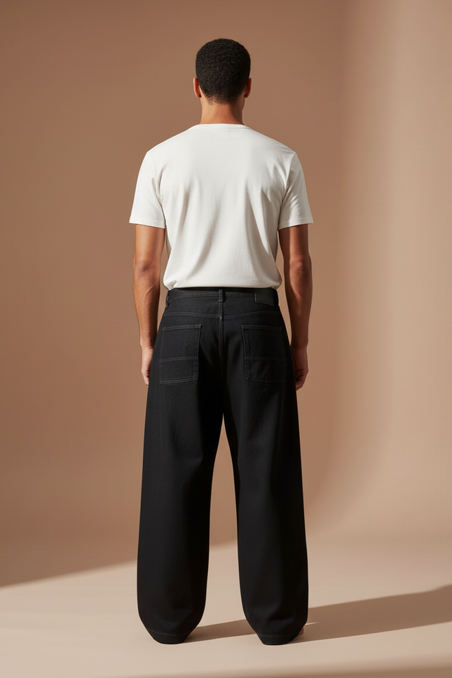 Pantalon Baggy Noir Rayures Rouges Ample Décontracté - Jean - vue 2