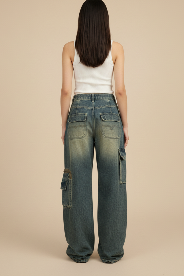 Pantalon Baggy Bleu Délavé Cargo Ample Femme - Jean - vue 2