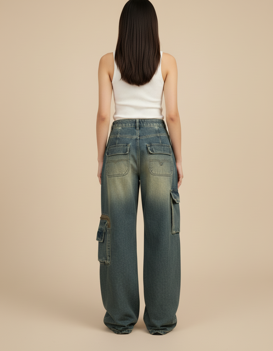 Pantalon Baggy Bleu Délavé Cargo Ample Femme - Jean - vue 2