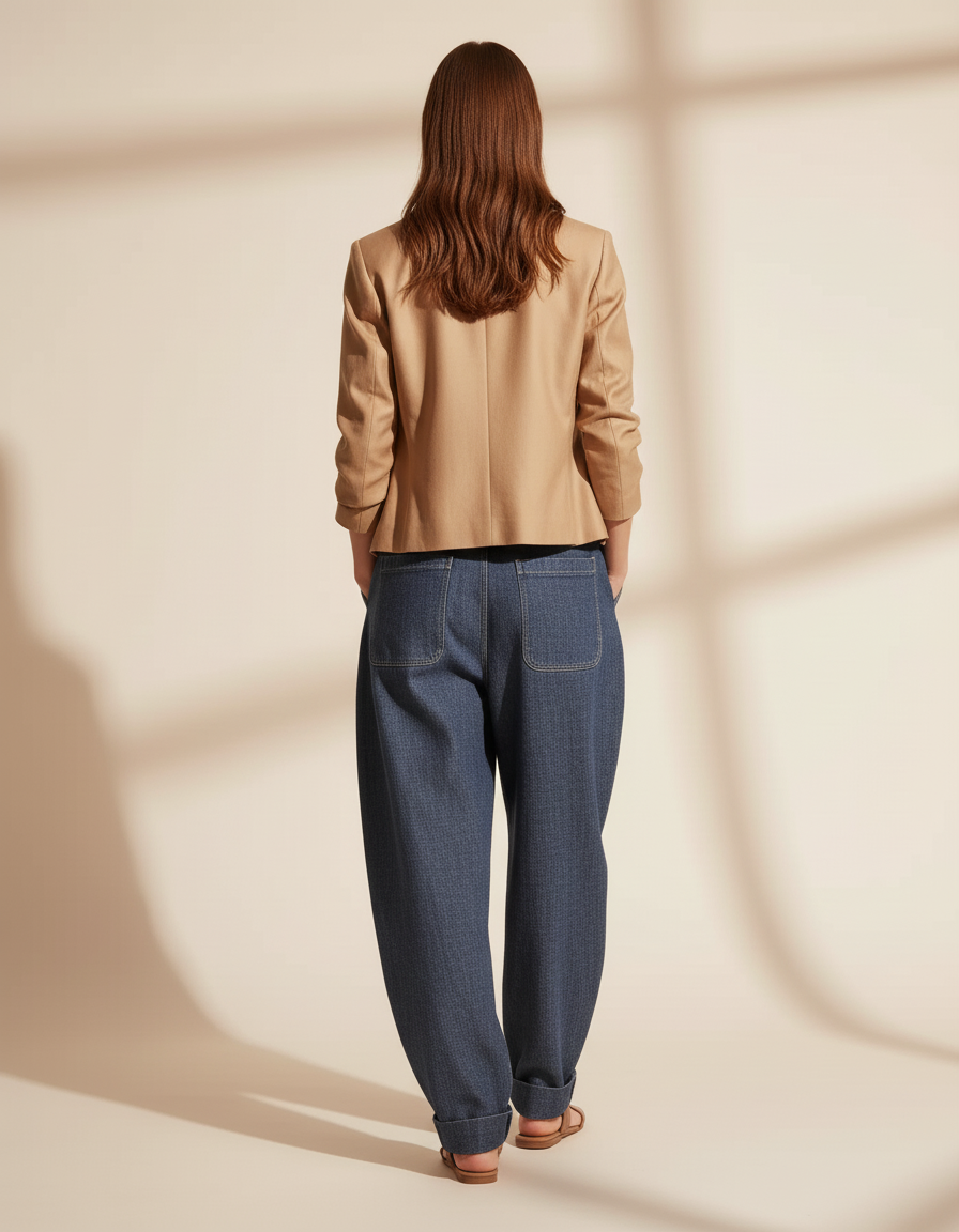 Pantalon Baggy Jean Bleu Ample Plissé Femme - vue 2