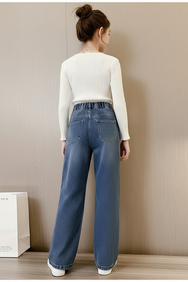 Pantalon Baggy Jean Bleu Taille Élastique Décontracté Fille - vue 2