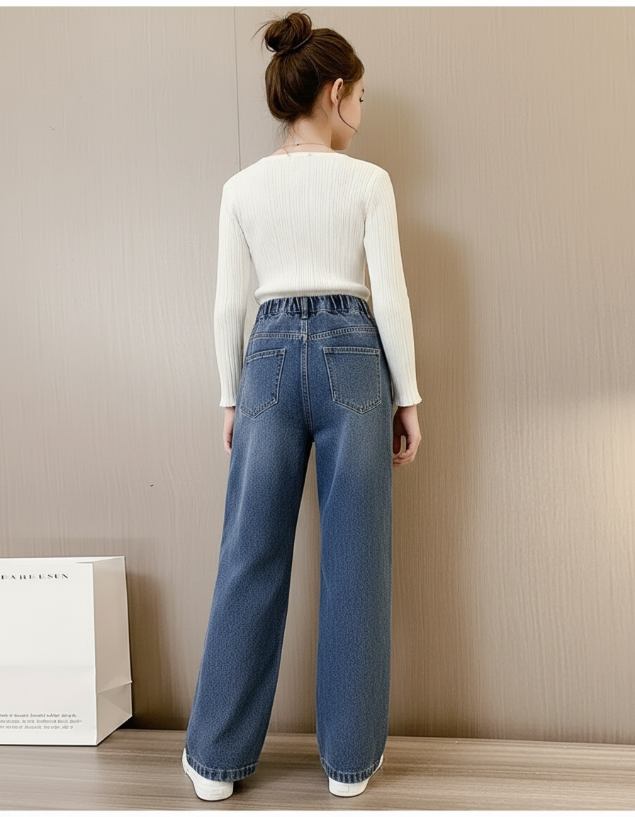 Pantalon Baggy Jean Bleu Taille Élastique Décontracté Fille - vue 2