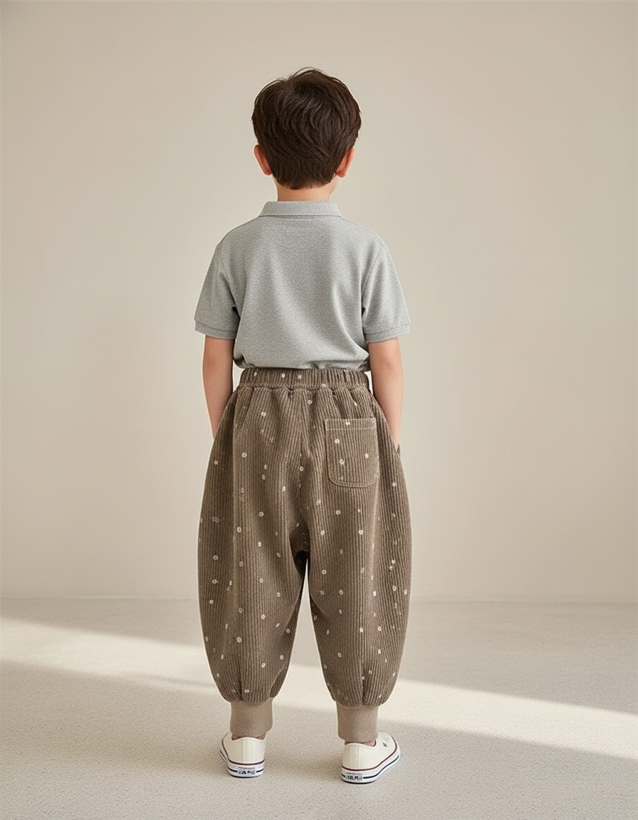 Pantalon Baggy Velours Côtelé Marron Points Blancs Ample Enfant - Cordé - vue 2