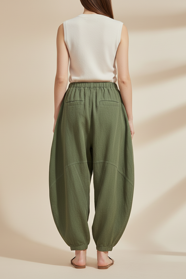 Pantalon Baggy Vert Lin Ample Décontracté Confortable - Kaki - vue 2