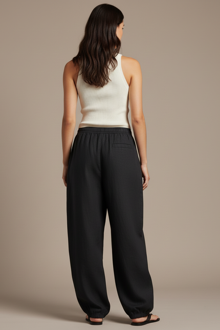 Pantalon Baggy Noir Lin Ample Taille Élastiquée Décontracté - vue 2