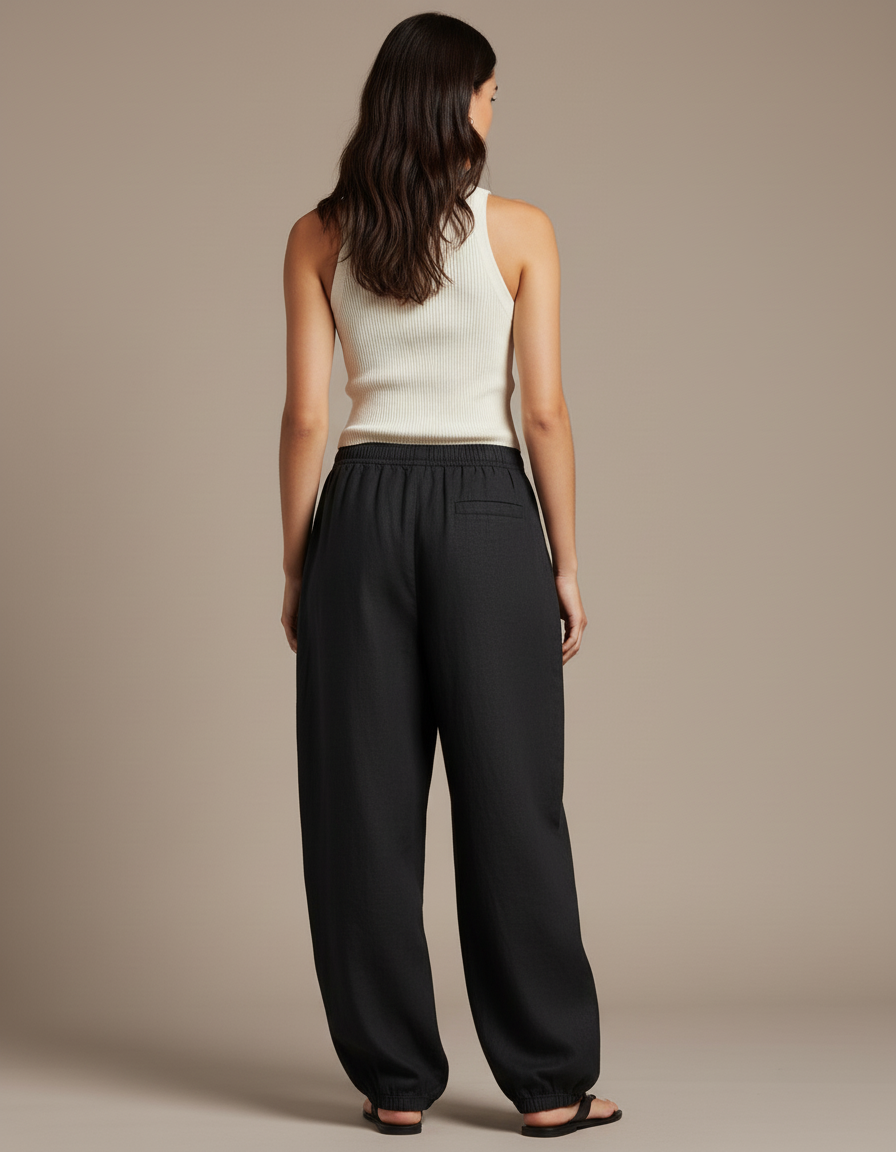 Pantalon Baggy Noir Lin Ample Taille Élastiquée Décontracté - vue 2