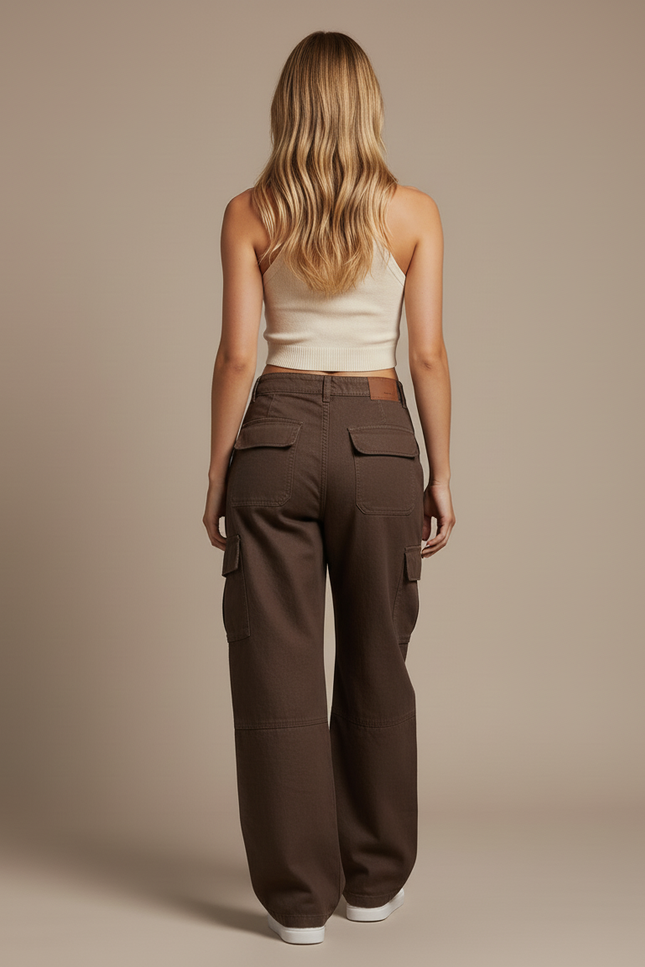 Pantalon Baggy Marron Cargo Décontracté Taille Haute - Toile - vue 2