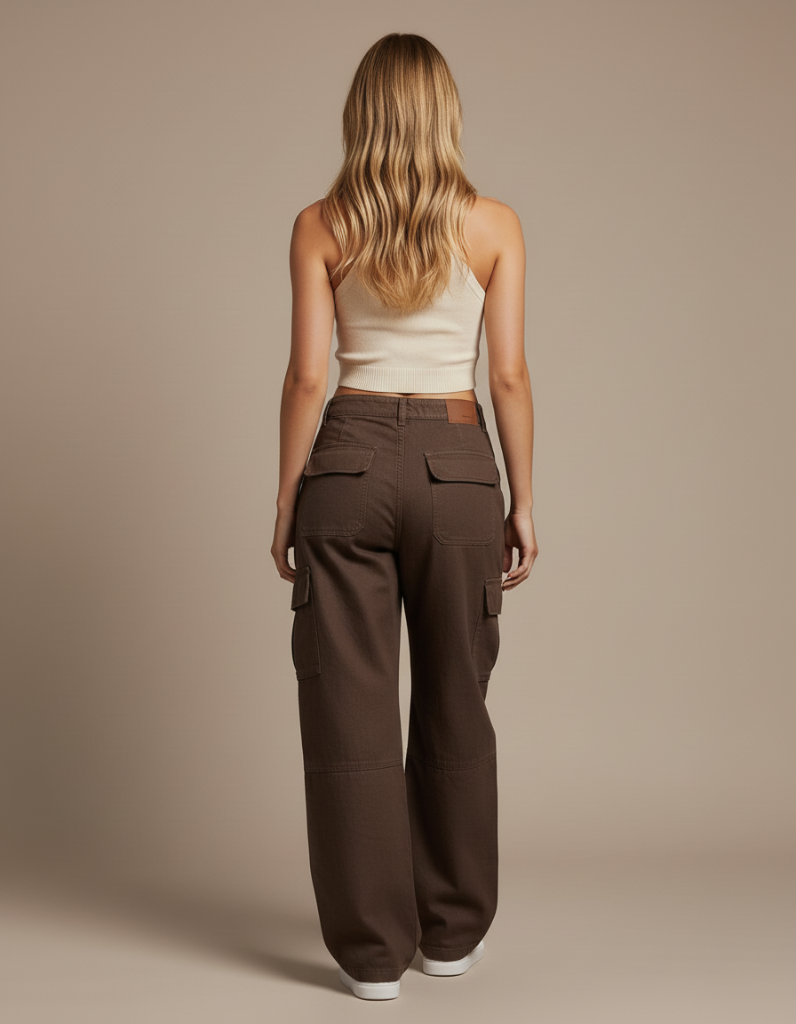 Pantalon Baggy Marron Cargo Décontracté Taille Haute - Toile - vue 2