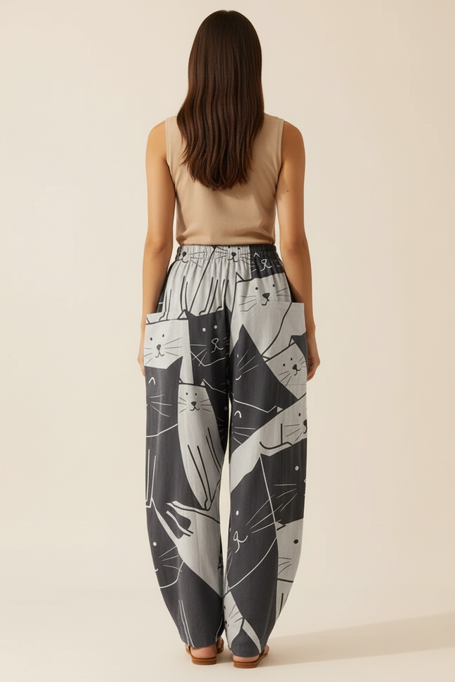 Pantalon Baggy Imprimé Chats Gris Ample Confortable - Coton - vue 2