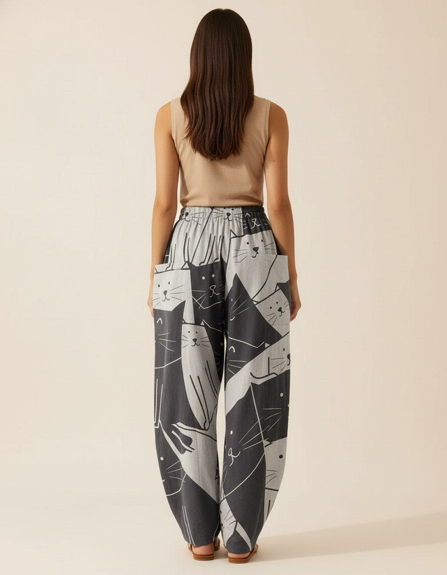 Pantalon Baggy Imprimé Chats Gris Ample Confortable - Coton - vue 2