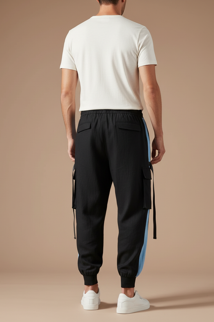 Pantalon Baggy Noir Cargo Bandes Bleues Cordon Homme - Polyester - vue 2