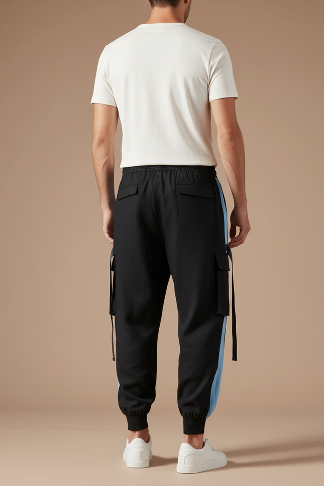 Pantalon Baggy Noir Cargo Bandes Bleues Cordon Homme - Polyester - vue 2