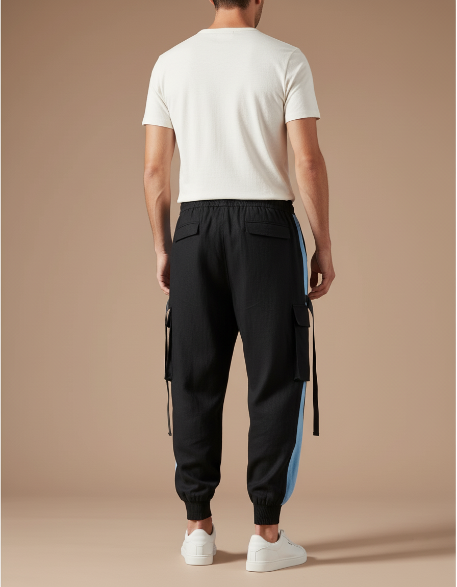 Pantalon Baggy Noir Cargo Bandes Bleues Cordon Homme - Polyester - vue 2