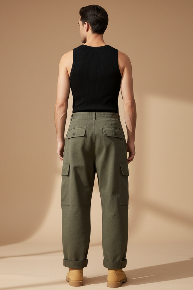 Pantalon Baggy Cargo Vert Ample Coton Décontracté Homme - Kaki Toile - vue 2