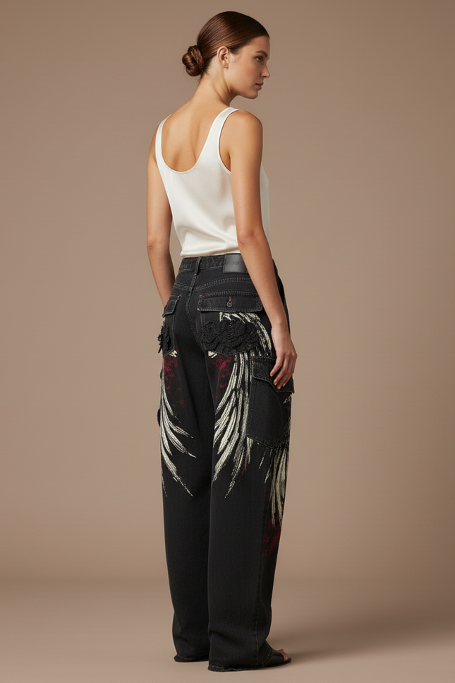 Pantalon Baggy Noir Imprimé Streetwear Cargo Ample - Jean - vue 2