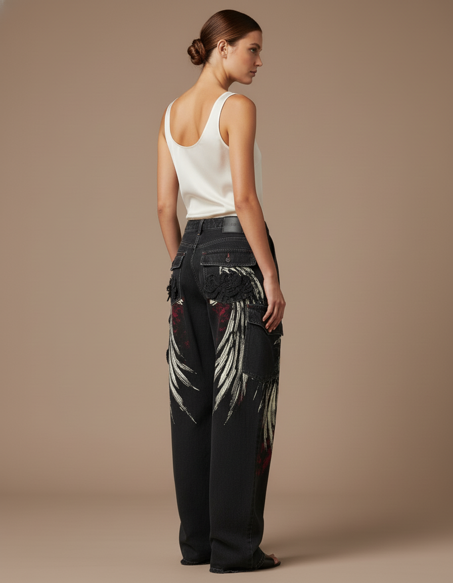 Pantalon Baggy Noir Imprimé Streetwear Cargo Ample - Jean - vue 2