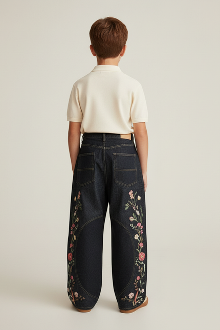 Pantalon Baggy Noir Broderies Florales Ample Unisexe - Jean - vue 2
