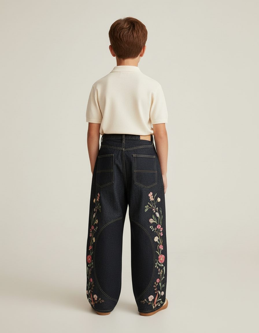Pantalon Baggy Noir Broderies Florales Ample Unisexe - Jean - vue 2