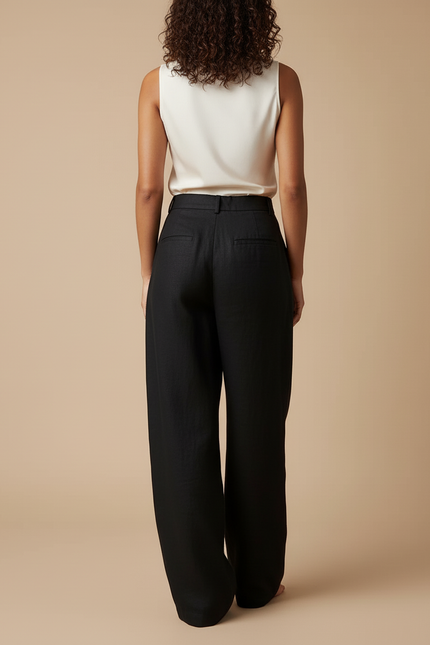 Pantalon Baggy Noir Lin Plissé Ample Chic Femme - vue 2