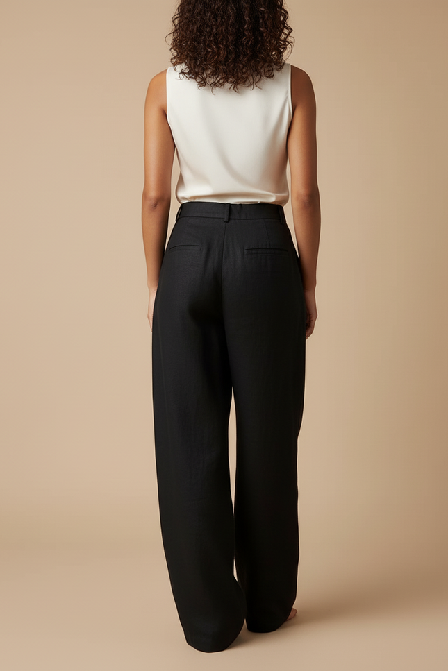 Pantalon Baggy Noir Lin Plissé Ample Chic Femme - vue 2