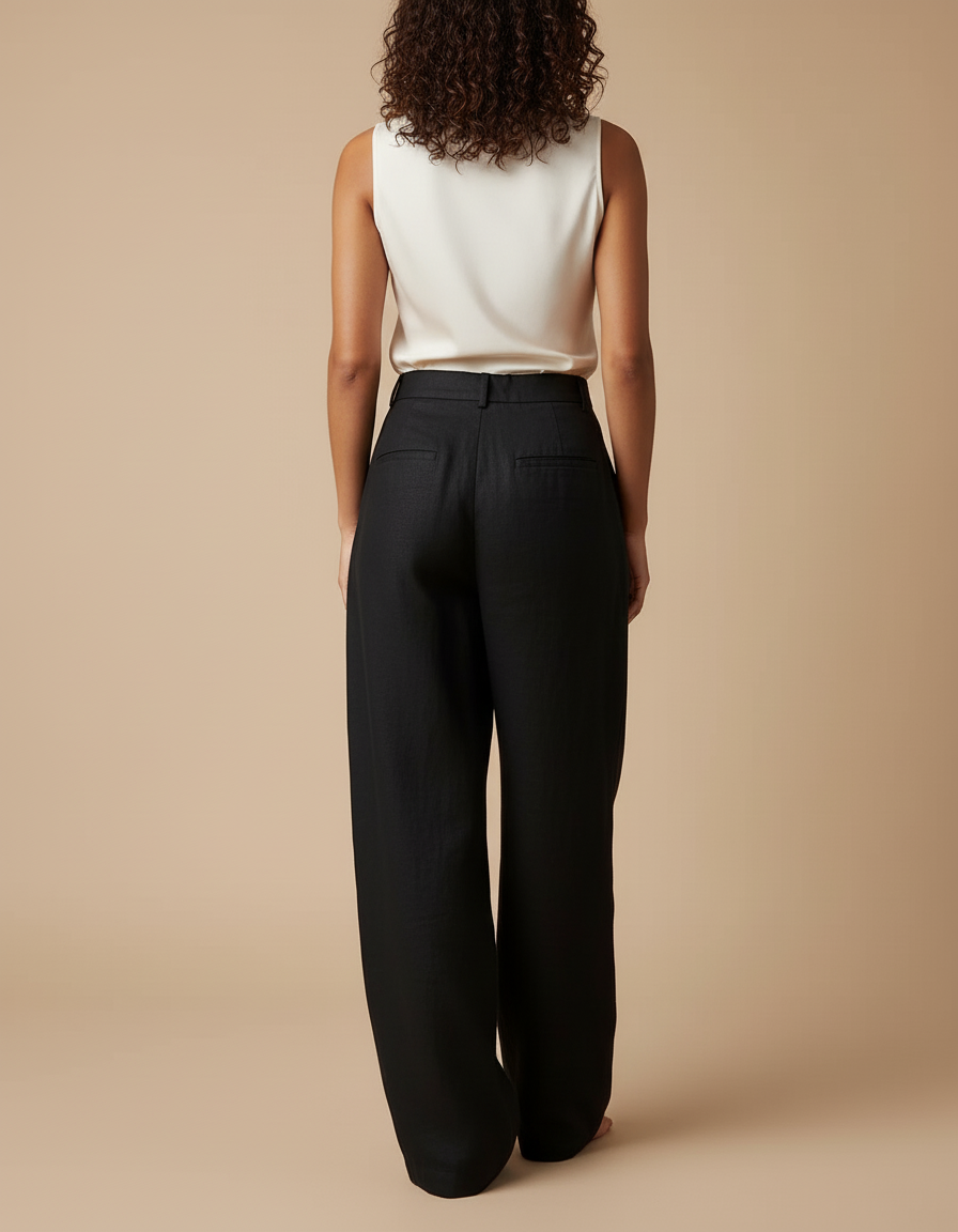 Pantalon Baggy Noir Lin Plissé Ample Chic Femme - vue 2